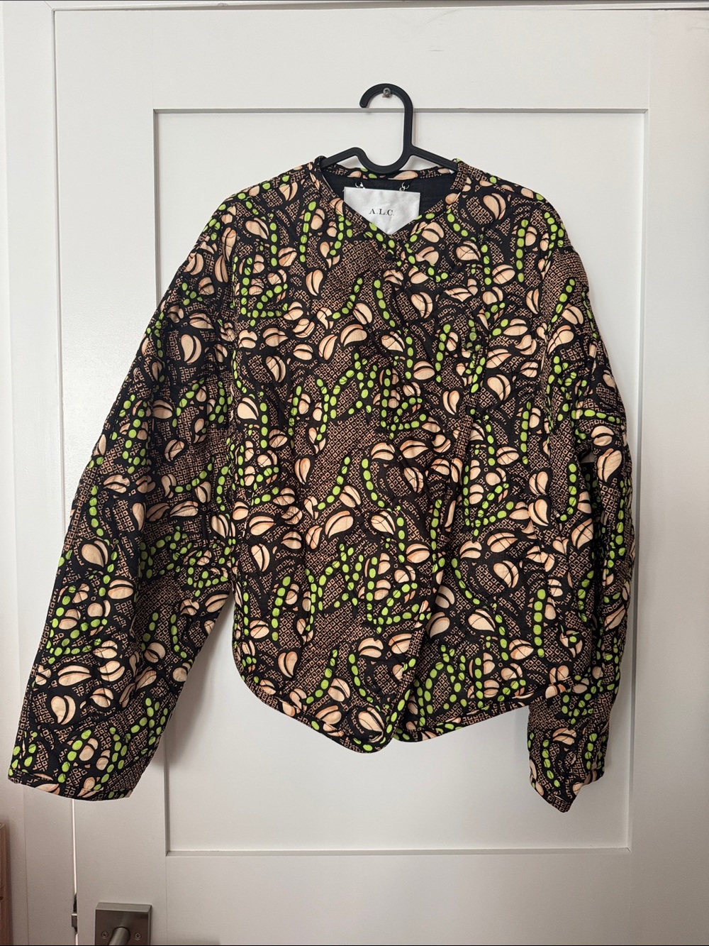 A.L.C. Black Quilted Bomber Jacket with Green & Beige Pattern